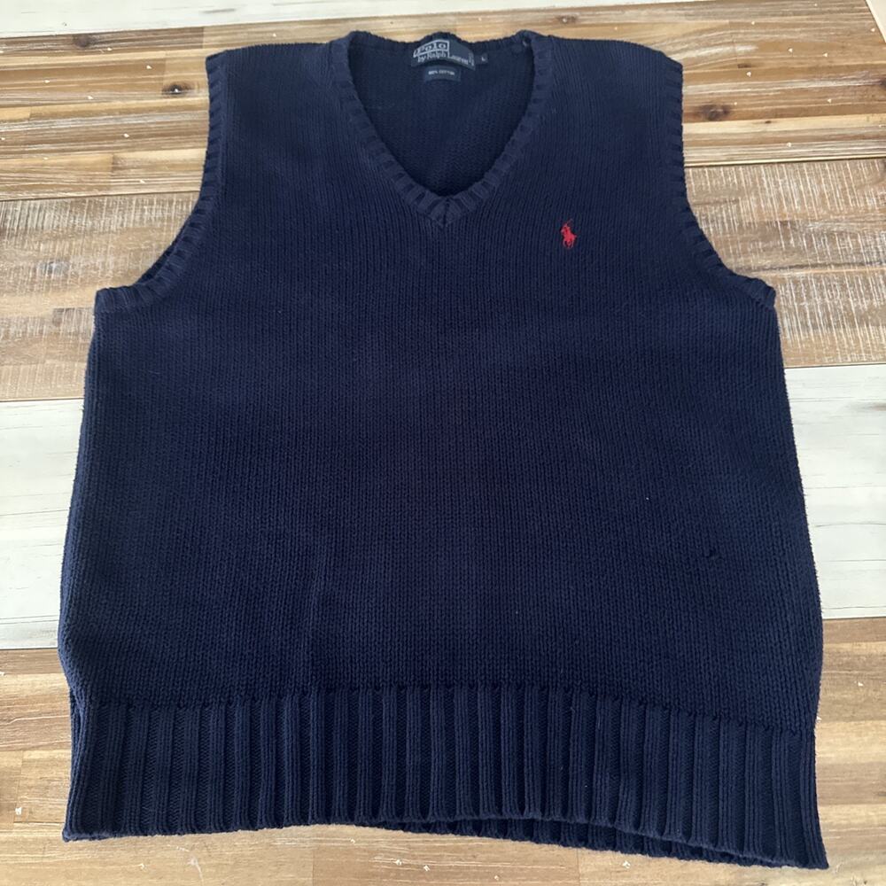 Polo Ralph Lauren Sweater Vest Mens Large Navy 100% Cotton Red Pony V-Neck